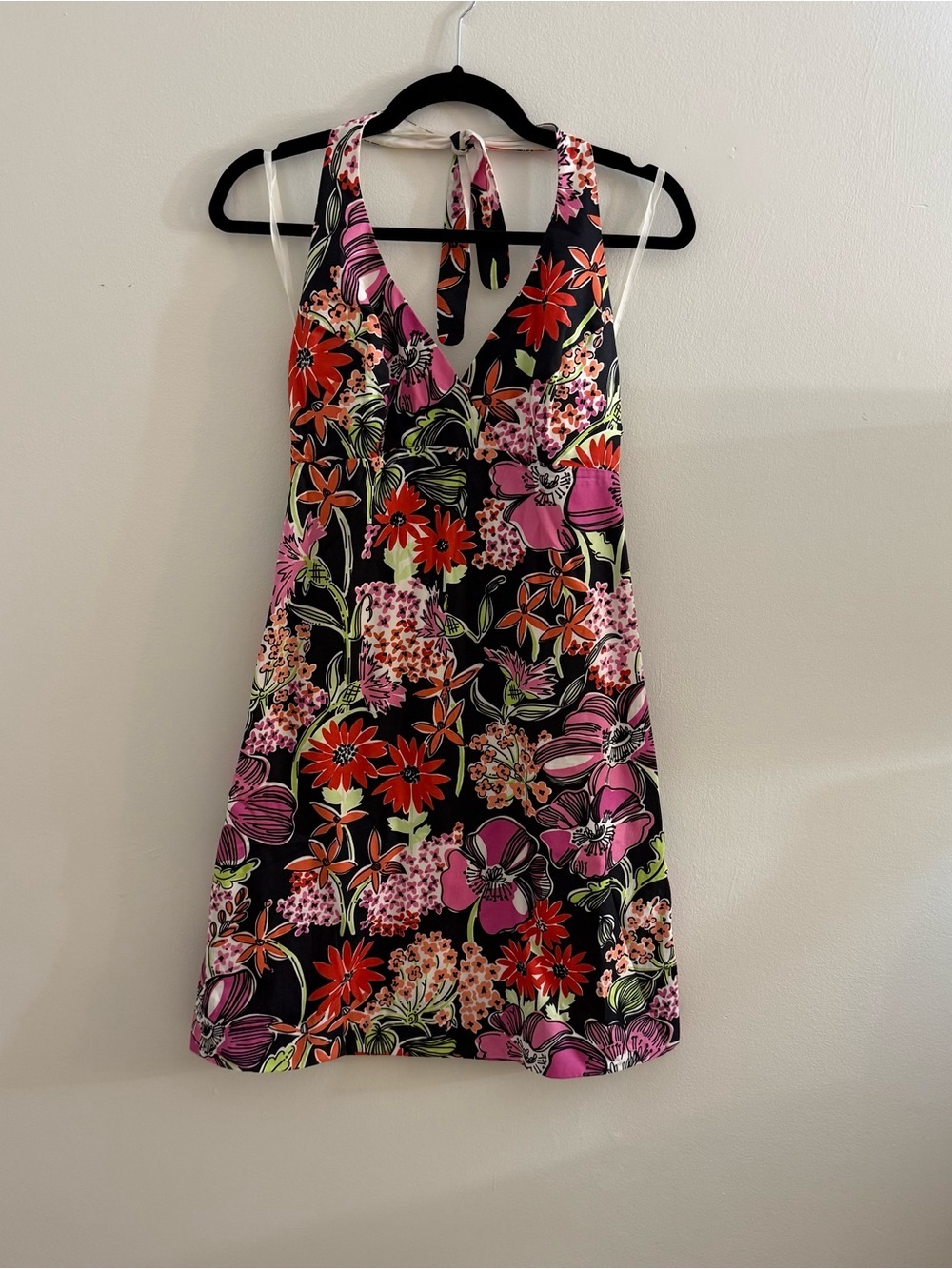 Lilly Pulitzer Vintage Black Halter Dress with Pink & Red Floral Print